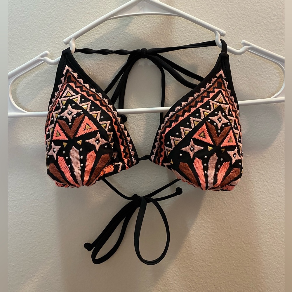 Black & Pink Beaded Bikini Bathing Suit Top